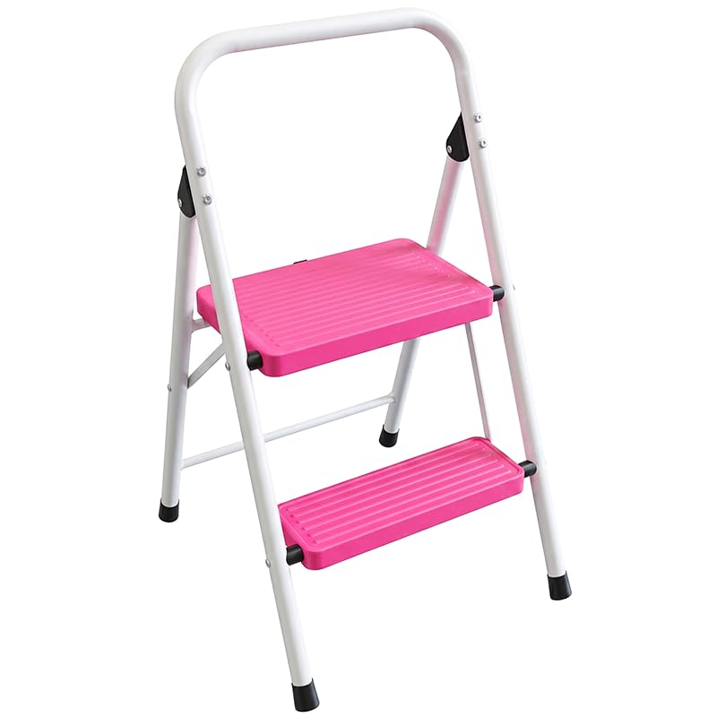 2 Step Stool Folding Anti-Slip Lightweight Steel 330LBS Pink I210