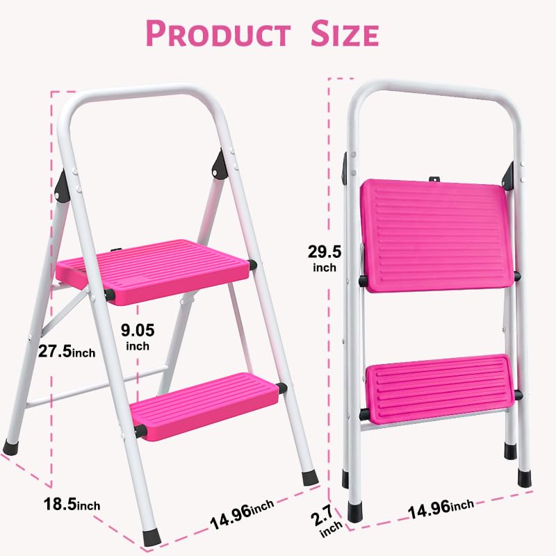 2 Step Stool Folding Anti-Slip Lightweight Steel 330LBS Pink I210