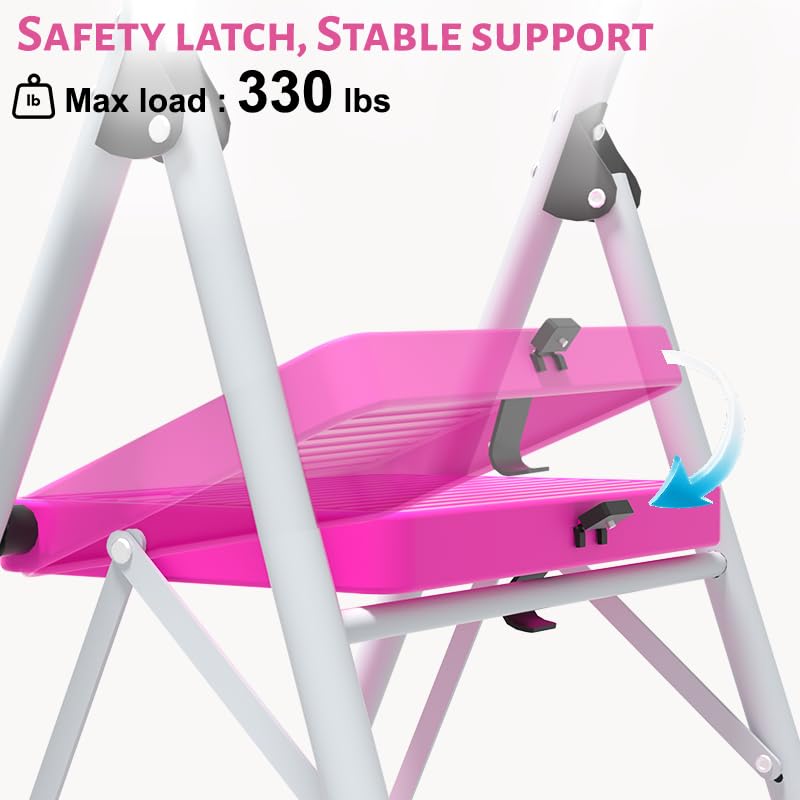 2 Step Stool Folding Anti-Slip Lightweight Steel 330LBS Pink I210