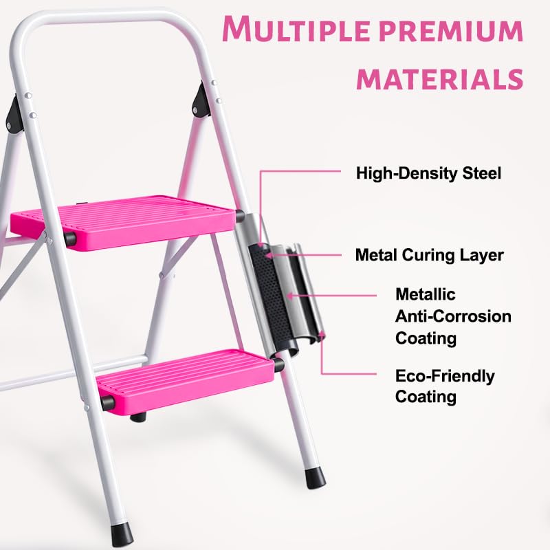 2 Step Stool Folding Anti-Slip Lightweight Steel 330LBS Pink I210
