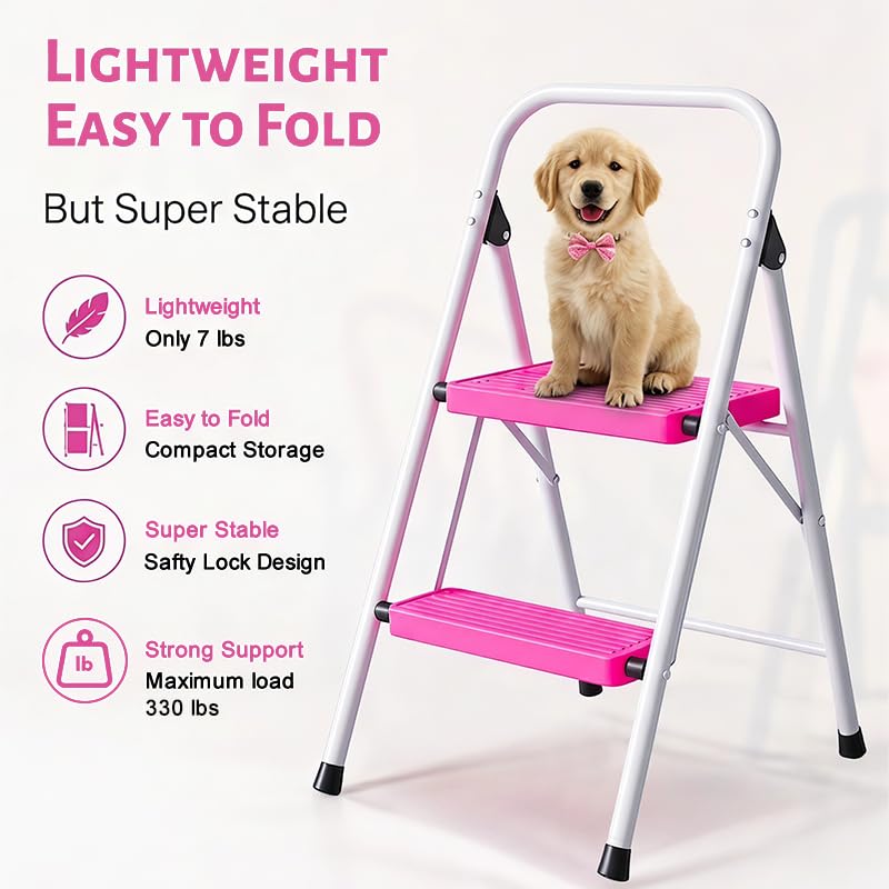 2 Step Stool Folding Anti-Slip Lightweight Steel 330LBS Pink I210