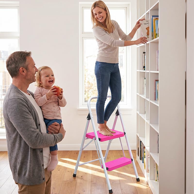 2 Step Stool Folding Anti-Slip Lightweight Steel 330LBS Pink I210