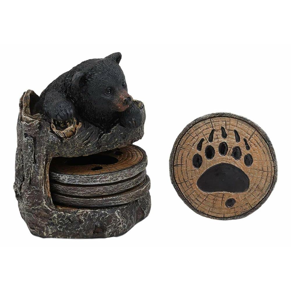 Black Bear Cub Tree Trunk Coaster Holder with 4 Coasters Set B19375