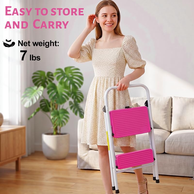 2 Step Stool Folding Anti-Slip Lightweight Steel 330LBS Pink I210