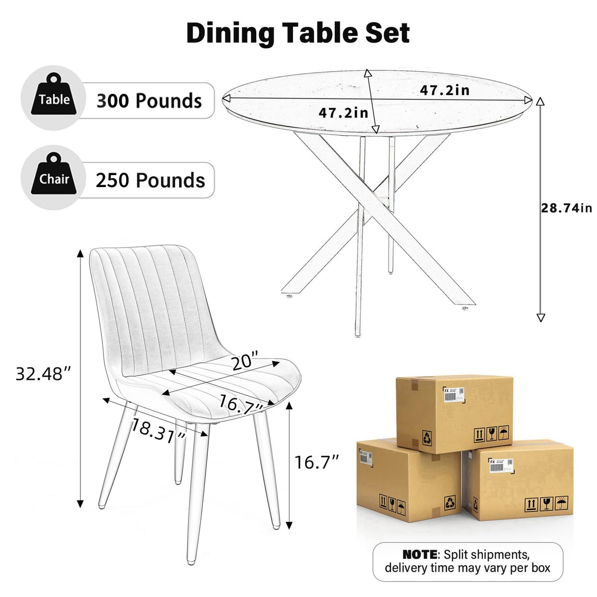 47" Walnut Round Dining Table Set for 4 with 4 Black Upholstered Chairs J265