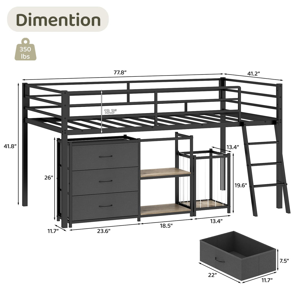 Black Twin Size Metal Low Loft Bed with 3 Drawers and Storage Q5268