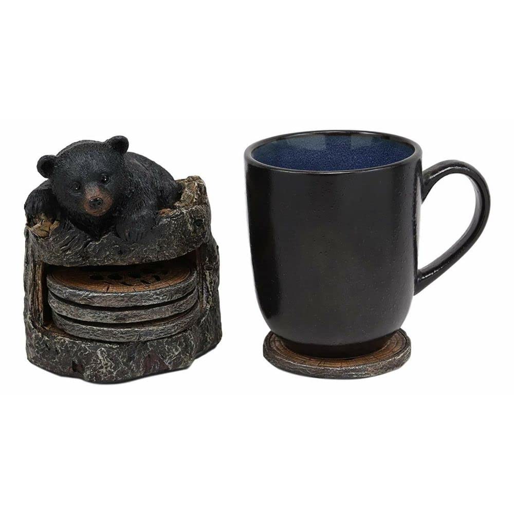 Black Bear Cub Tree Trunk Coaster Holder with 4 Coasters Set B19375