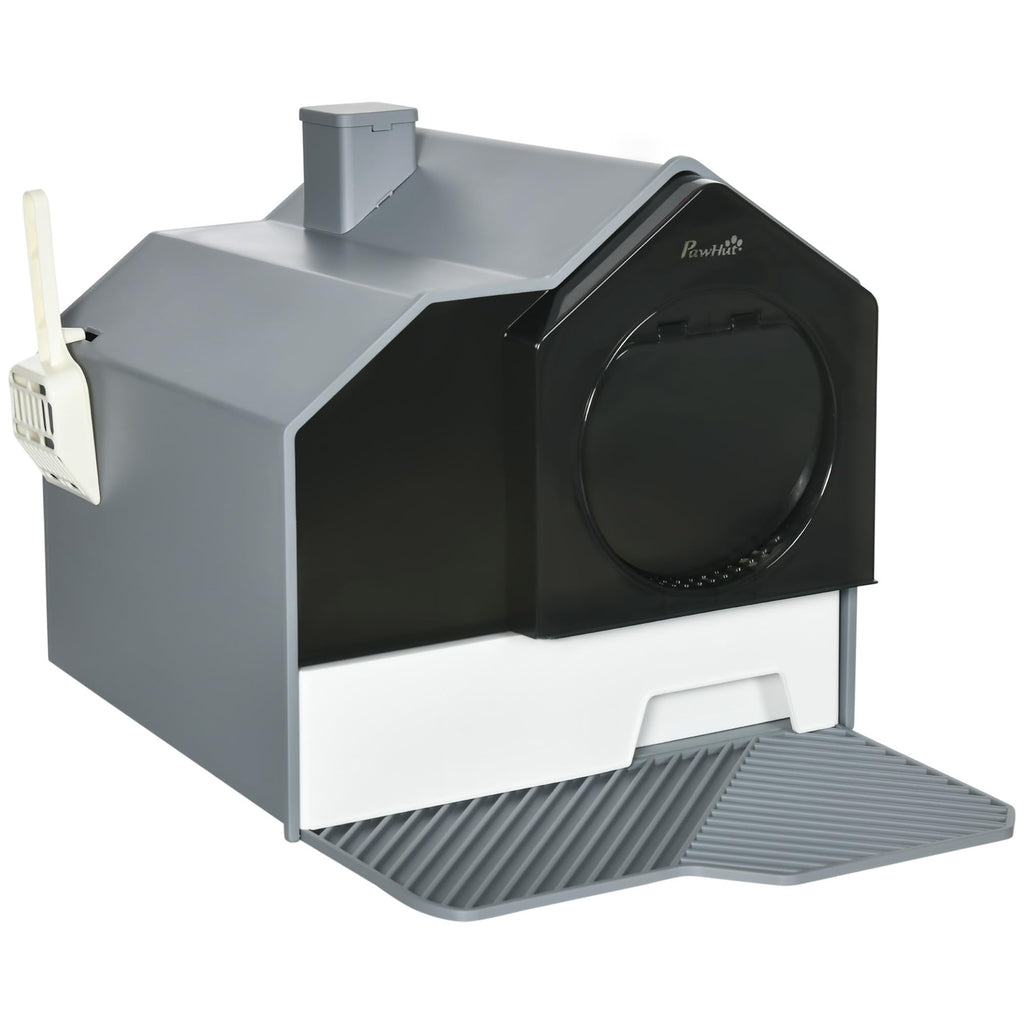 Hooded Cat Litter Box with Litter Mat, Pull-Out Drawer, Handle, Scoop, Gray Y390740