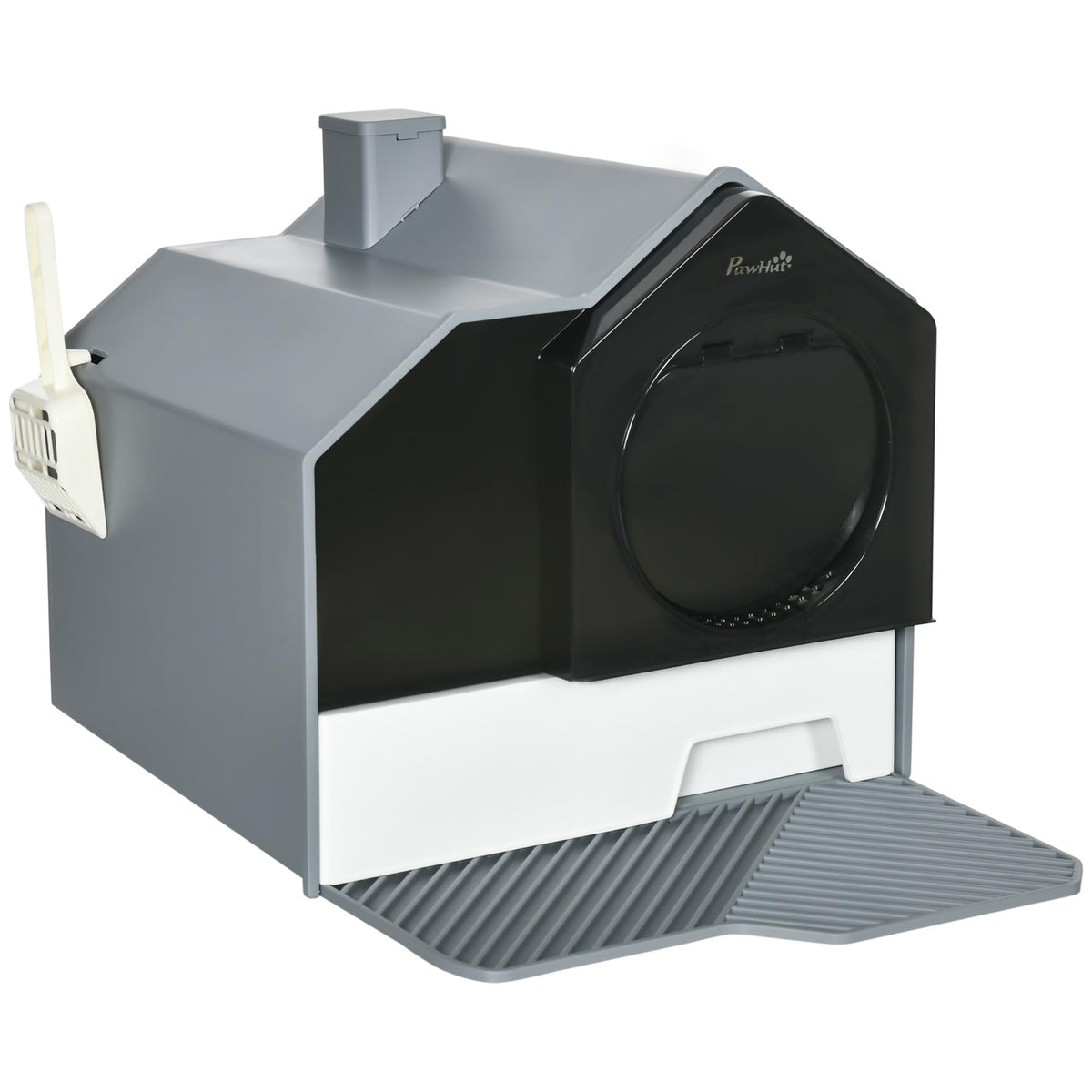 Hooded Cat Litter Box with Litter Mat, Pull-Out Drawer, Handle, Scoop, Gray Y390740