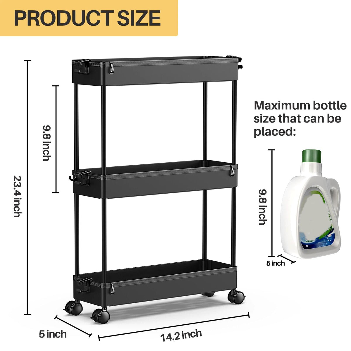 Black 3 Tier Slim Rolling Storage Cart B265426
