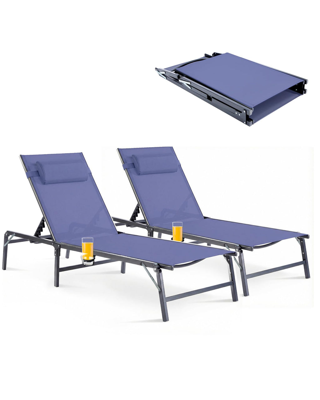 2 Pack Blue Foldable Chaise Lounge Chair with Cup Holder and Pillow G3405
