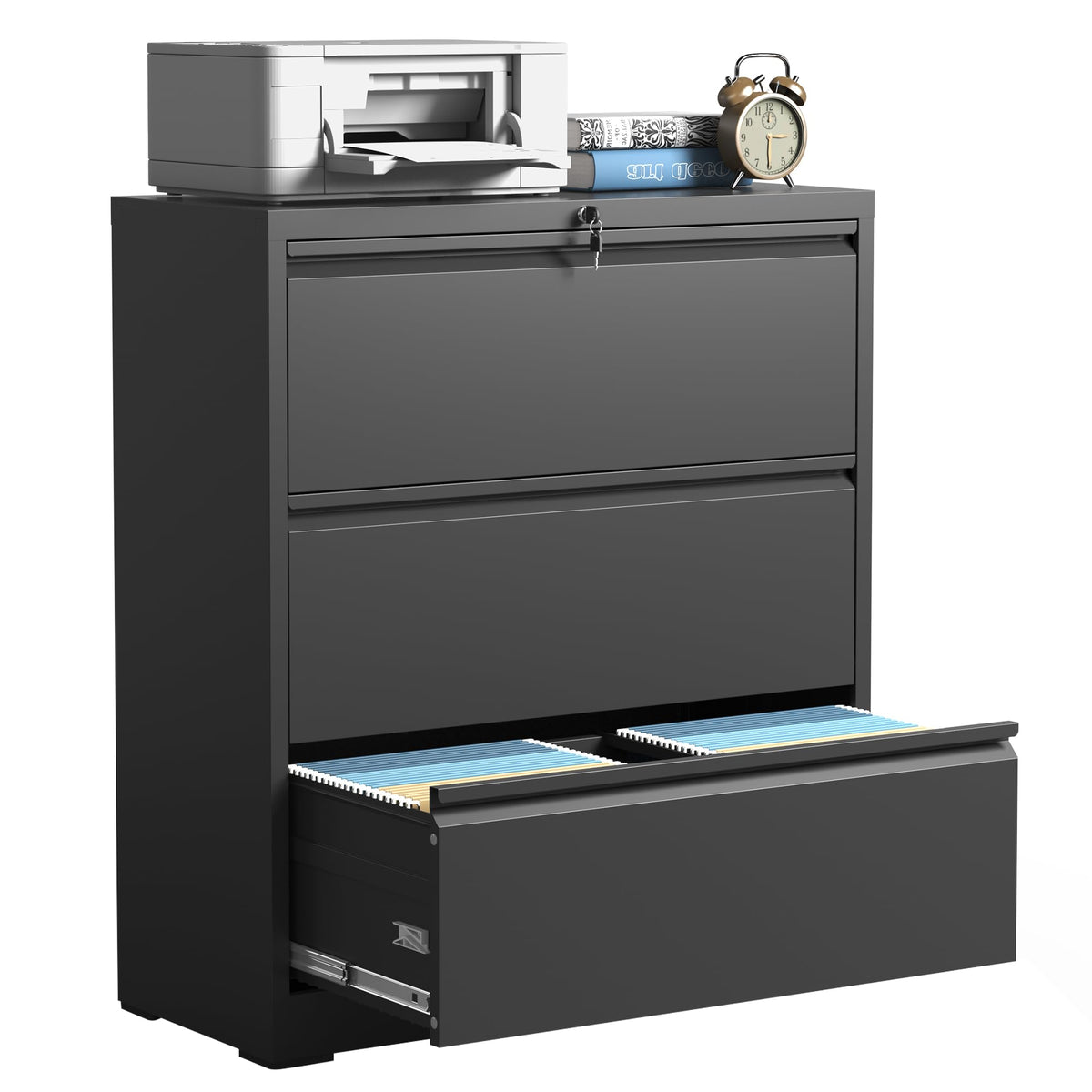 Black 3 Drawer Locking Metal File Cabinet I63478