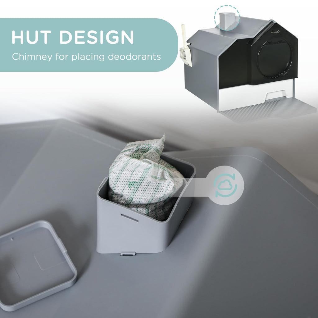 Hooded Cat Litter Box with Litter Mat, Pull-Out Drawer, Handle, Scoop, Gray Y390740