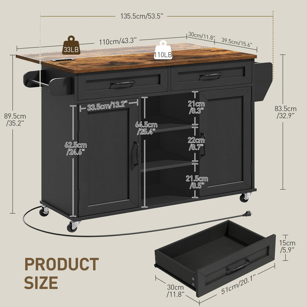 Black and Rustic Brown Kitchen Island with Power Outlets and Drop Leaf W984