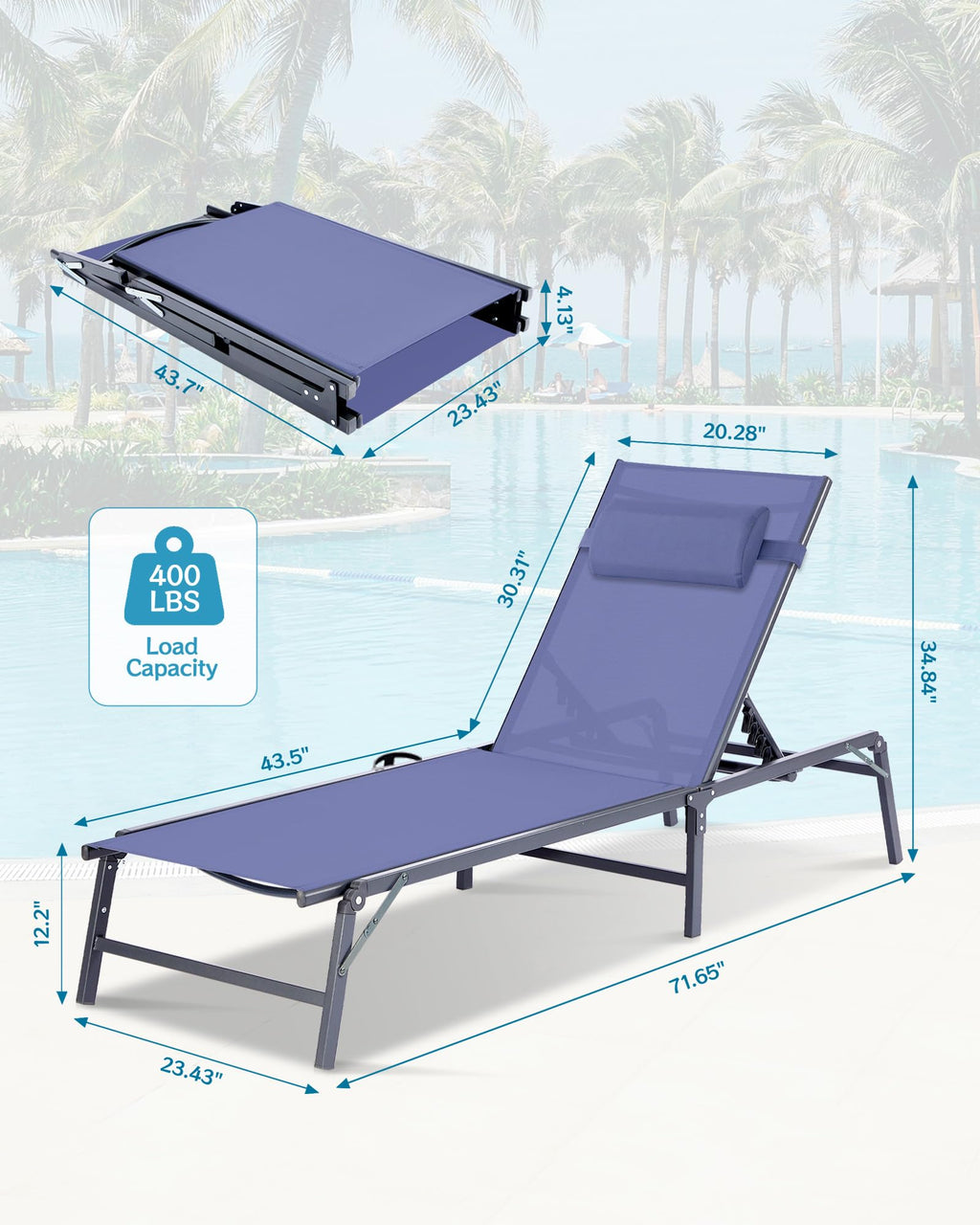 2 Pack Blue Foldable Chaise Lounge Chair with Cup Holder and Pillow G3405