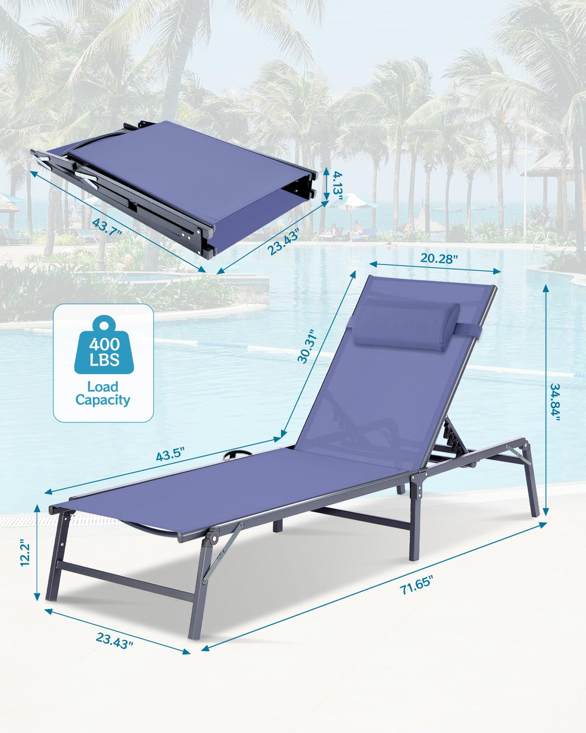 2 Pack Blue Foldable Chaise Lounge Chair with Cup Holder and Pillow G3405