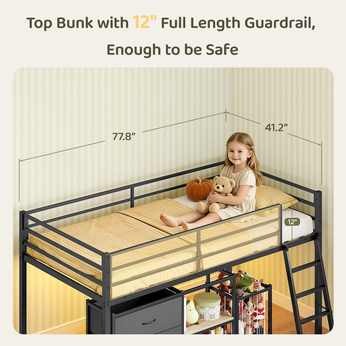 Black Twin Size Metal Low Loft Bed with 3 Drawers and Storage Q5268