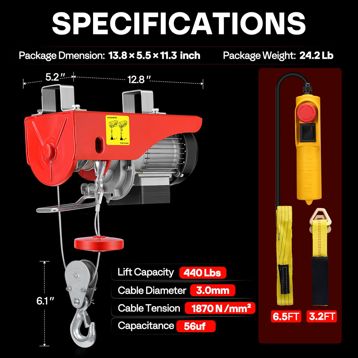 110V 440 Lbs Electric Hoist with Remote Control M10528