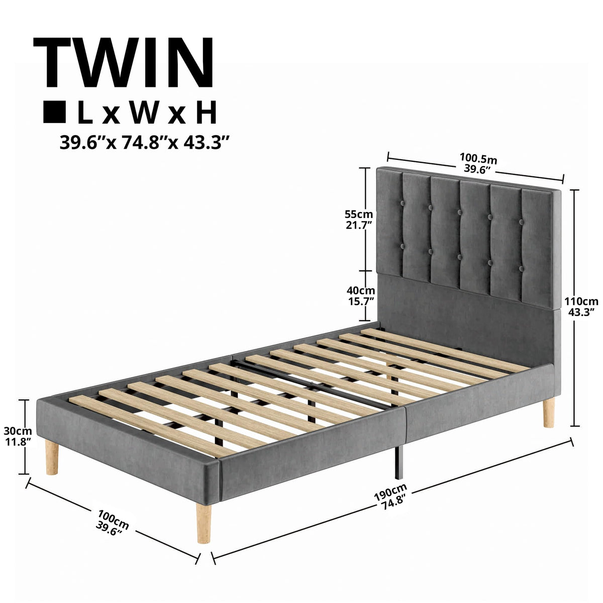 Grey Velvet Upholstered Twin Platform Bed Frame with Headboard A971