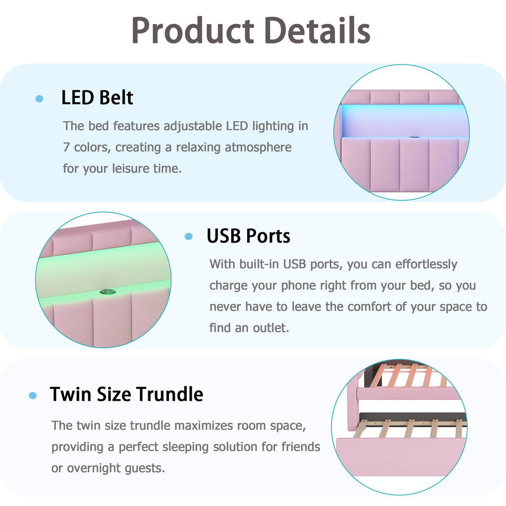 Twin Size Upholstered Platform Bed with Trundle and USB Ports, Pink X84327