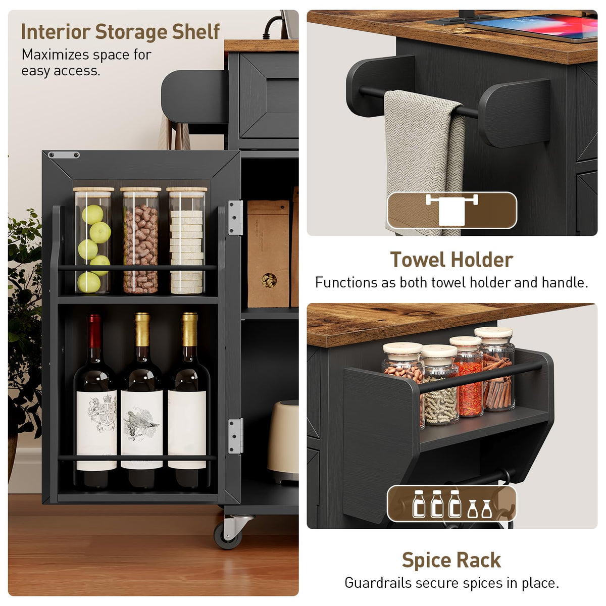 Black and Rustic Brown Kitchen Island with Power Outlets and Drop Leaf W984