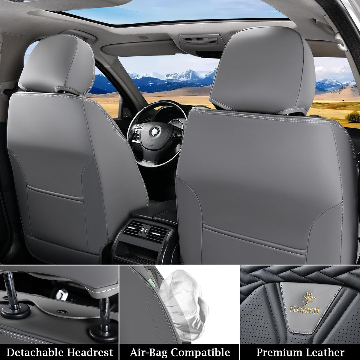 Leather Seat Covers Full Set 5 Seats Gray Black K513822