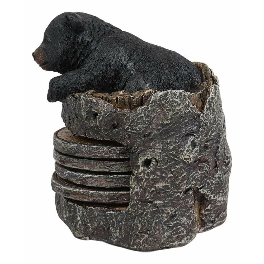 Black Bear Cub Tree Trunk Coaster Holder with 4 Coasters Set B19375