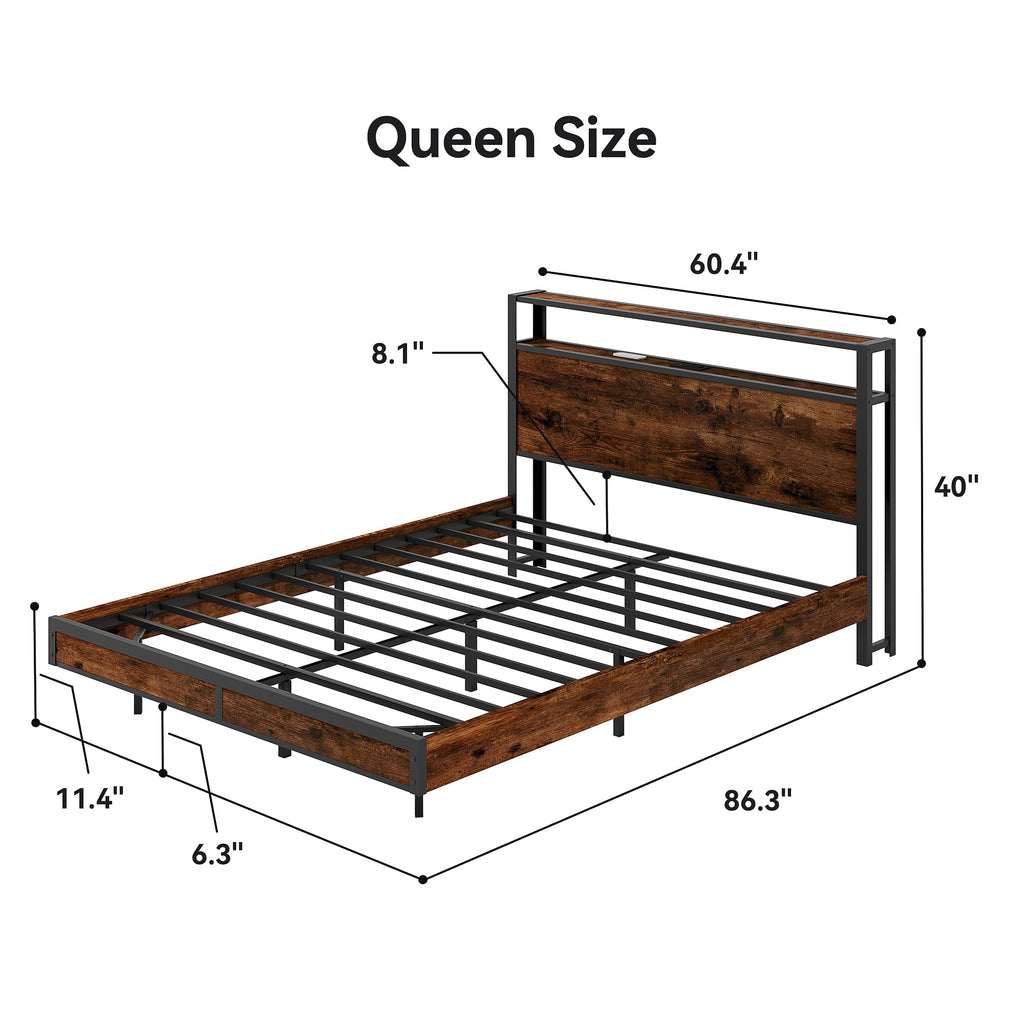 Queen Size Metal Bed Frame with Storage Headboard and Charging Station B2693