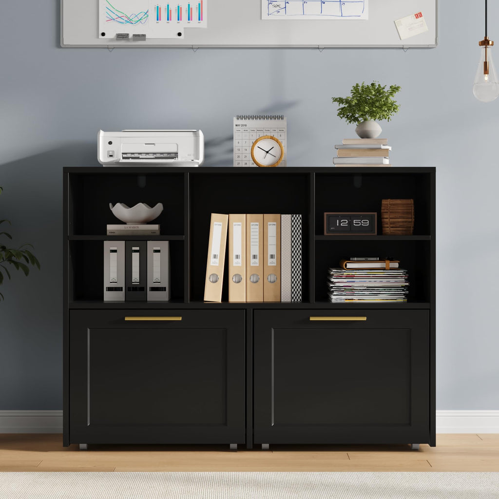 Black 2 Drawer Lateral File Cabinet with Open Storage Cubes T484380