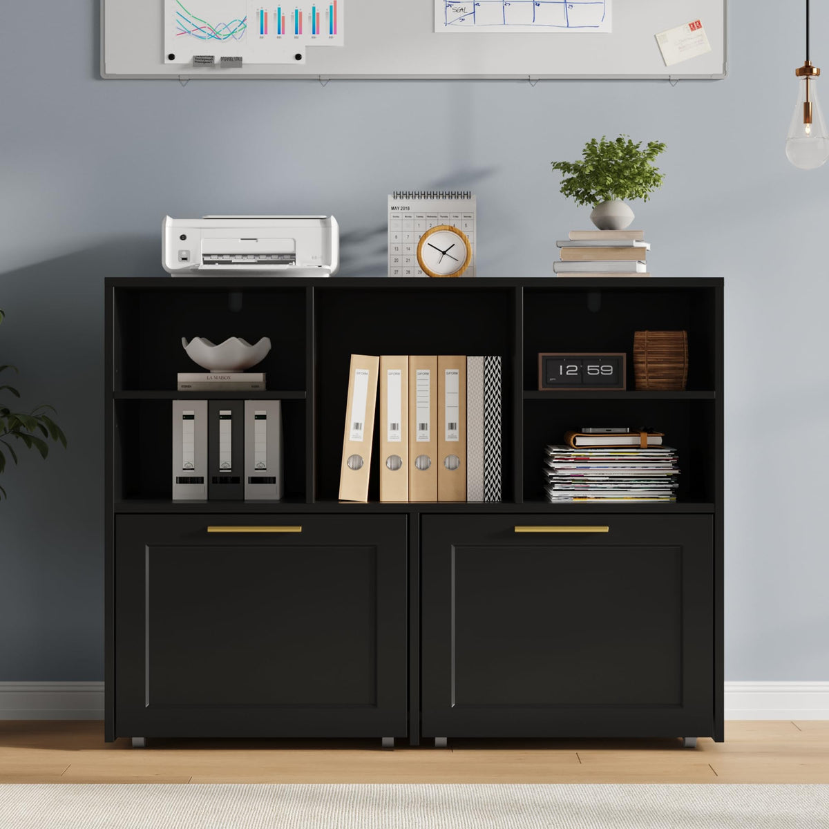 Black 2 Drawer Lateral File Cabinet with Open Storage Cubes T484380