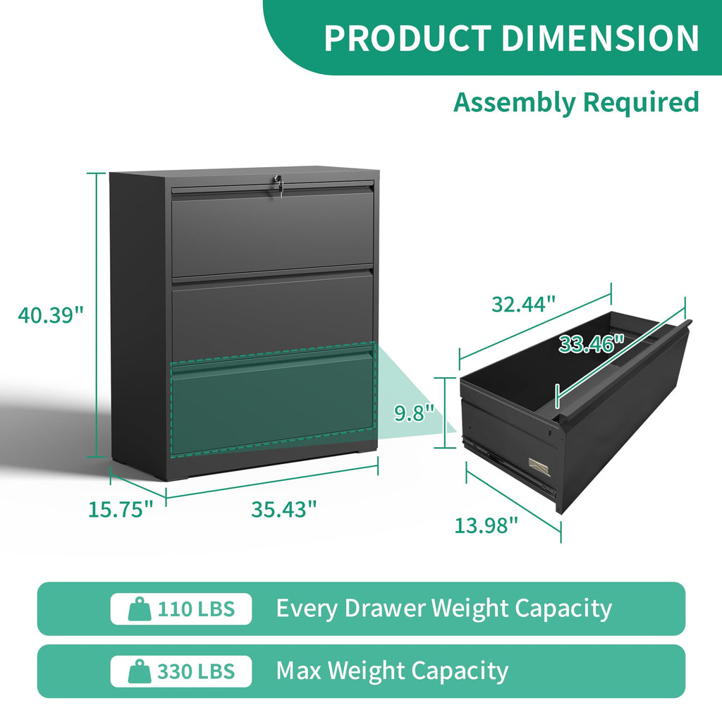 Black 3 Drawer Locking Metal File Cabinet I63478