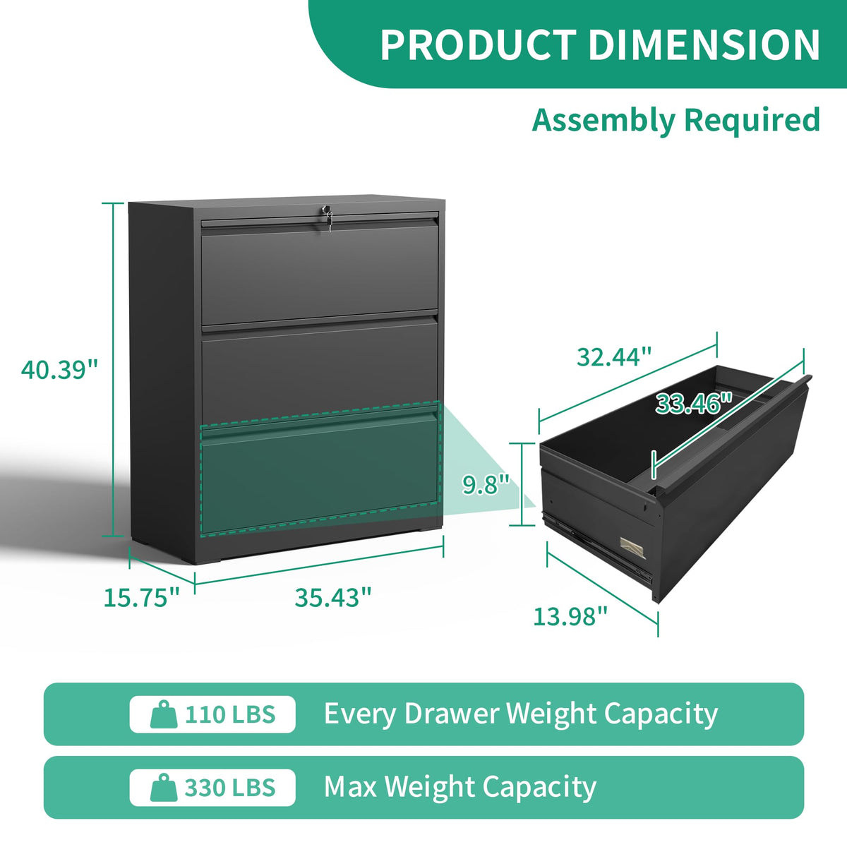 Black 3 Drawer Locking Metal File Cabinet I63478