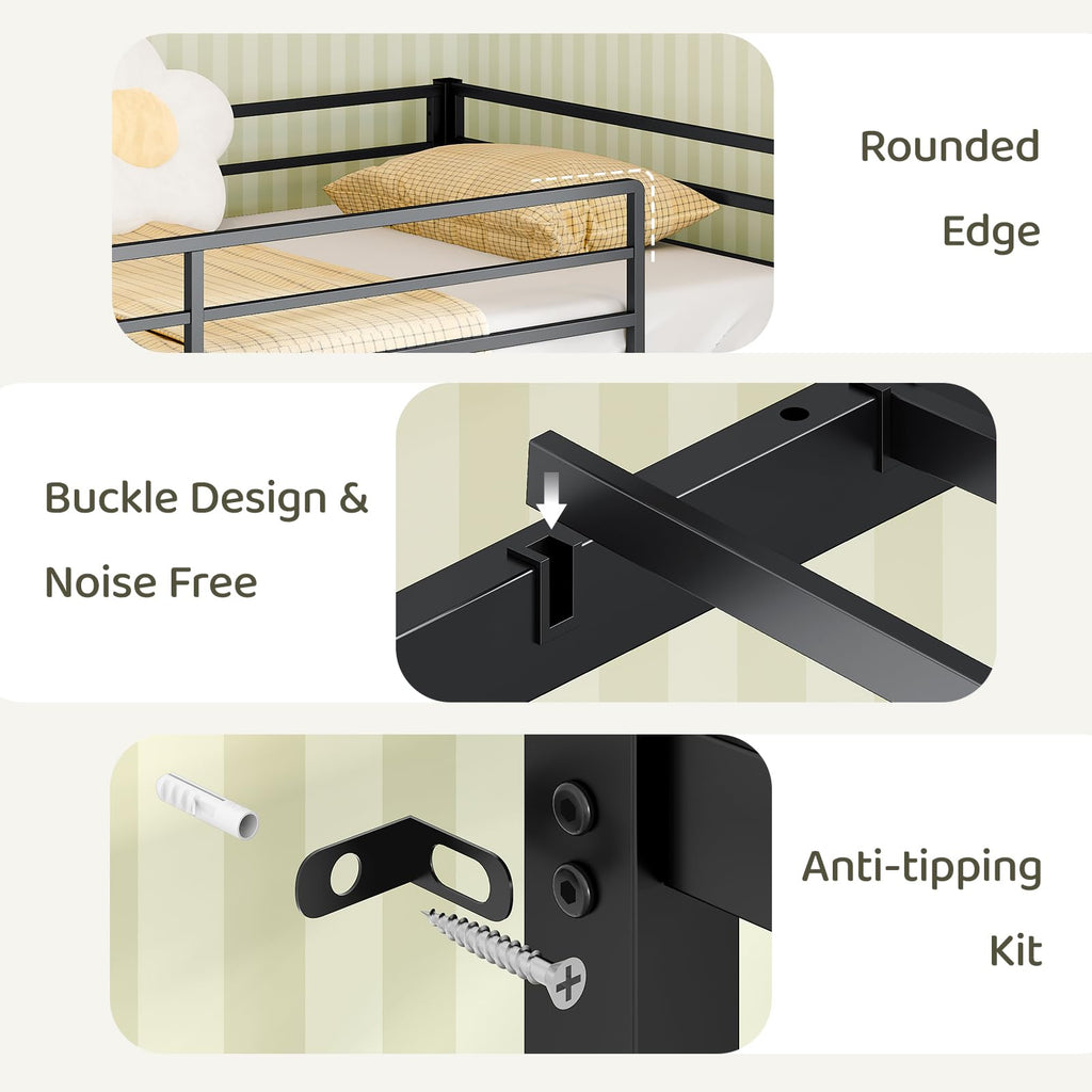 Black Twin Size Metal Low Loft Bed with 3 Drawers and Storage Q5268