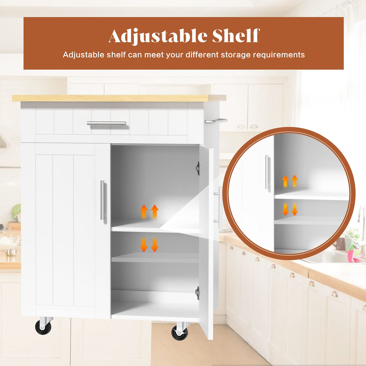 26" Rolling Kitchen Island Cart with Drawer, Shelves, Towel Rack, Lockable Casters, White I84109
