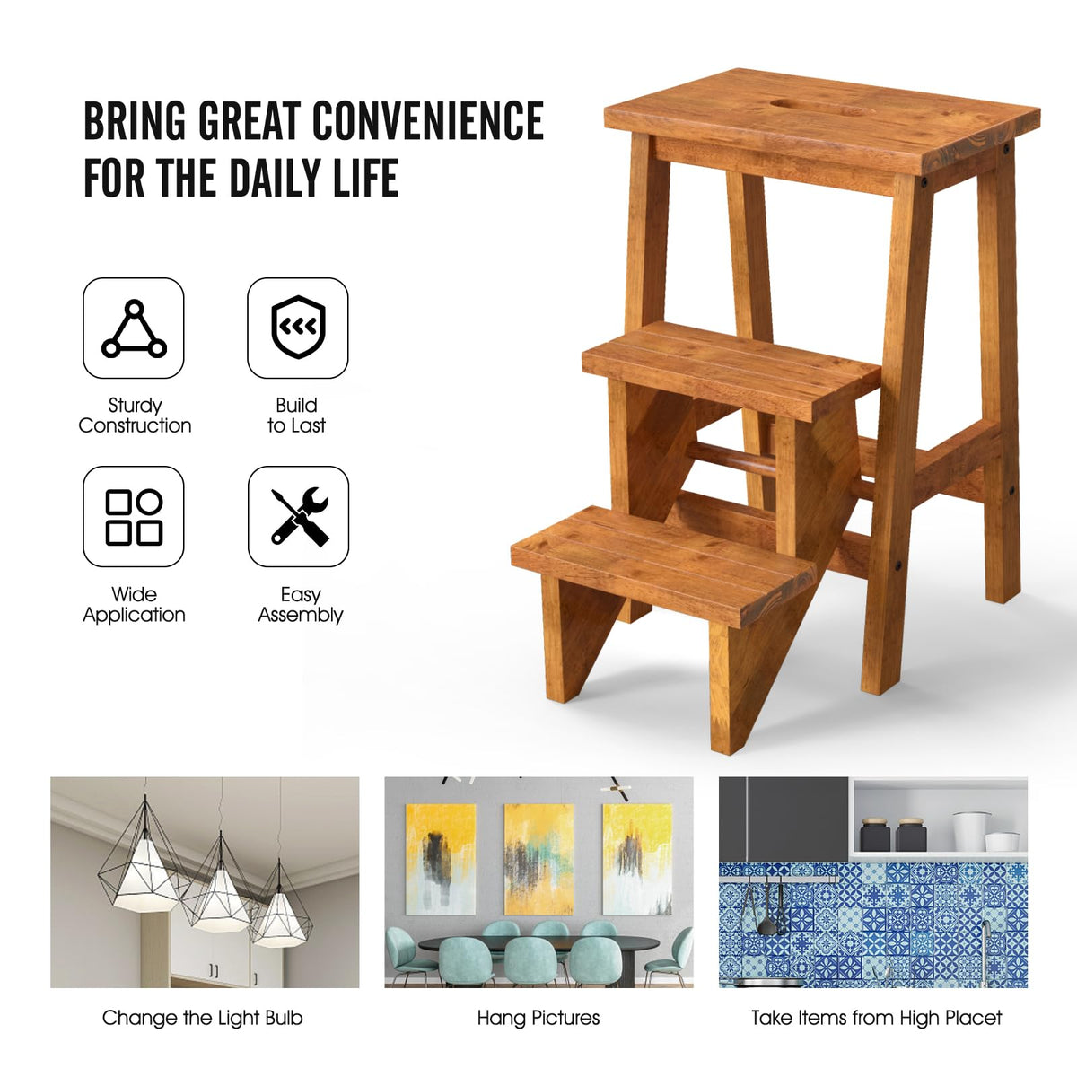 3 Tier Wood Step Ladder with Anti-Slip S3163