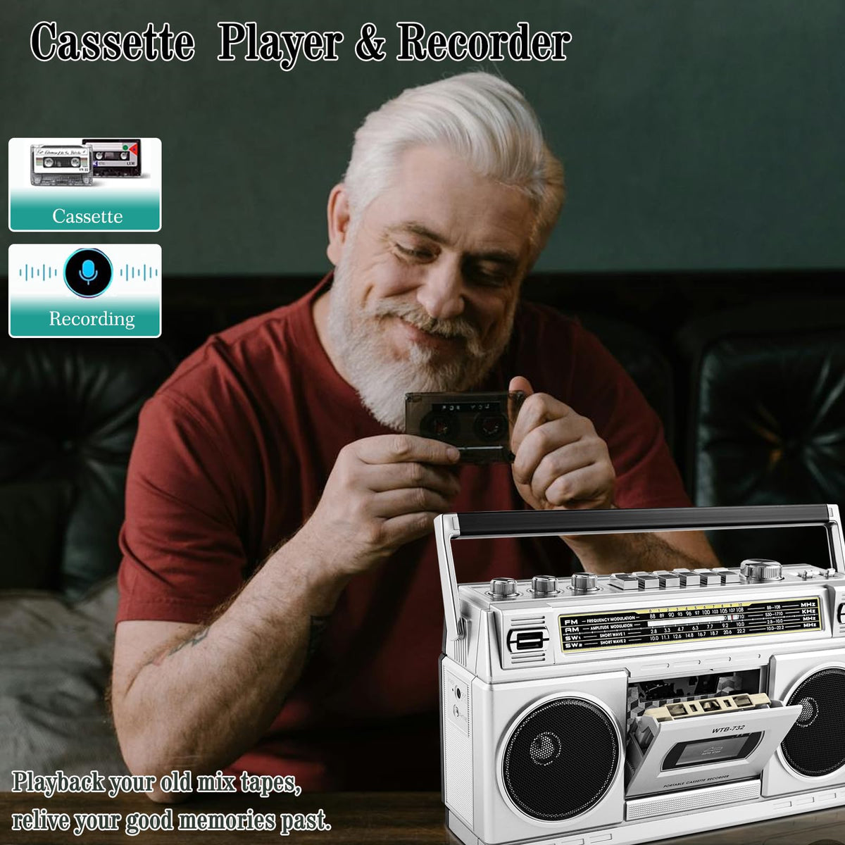 Portable Boombox with Cassette Player Recorder R575