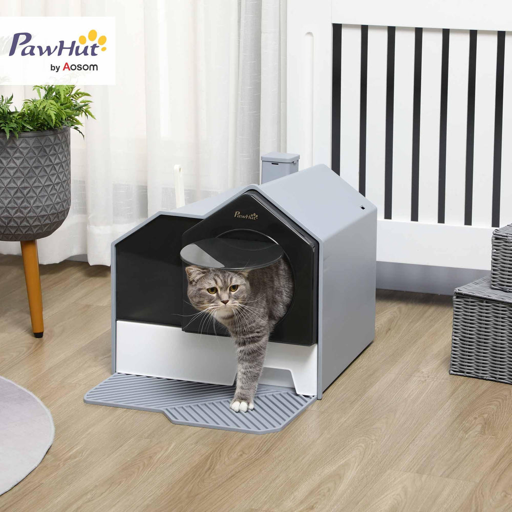 Hooded Cat Litter Box with Litter Mat, Pull-Out Drawer, Handle, Scoop, Gray Y390740