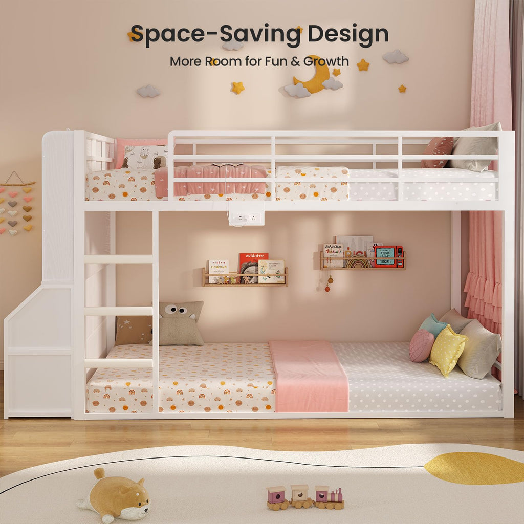 Twin Over Twin Bunk Bed with Bookshelf and Drawers F439920