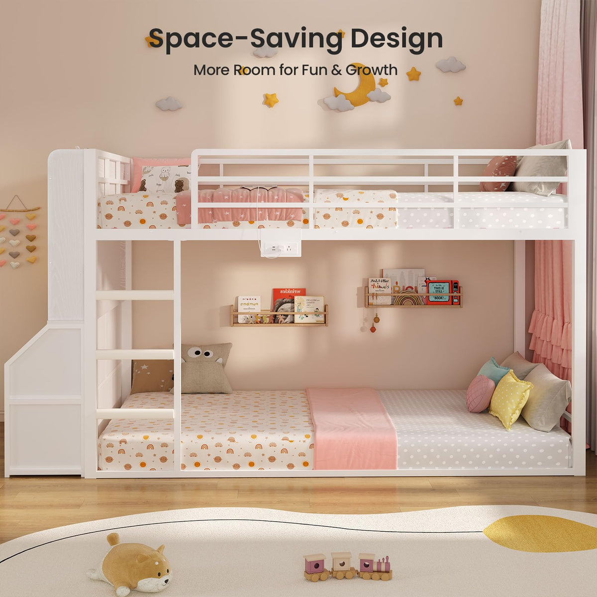 Twin Over Twin Bunk Bed with Bookshelf and Drawers F439920