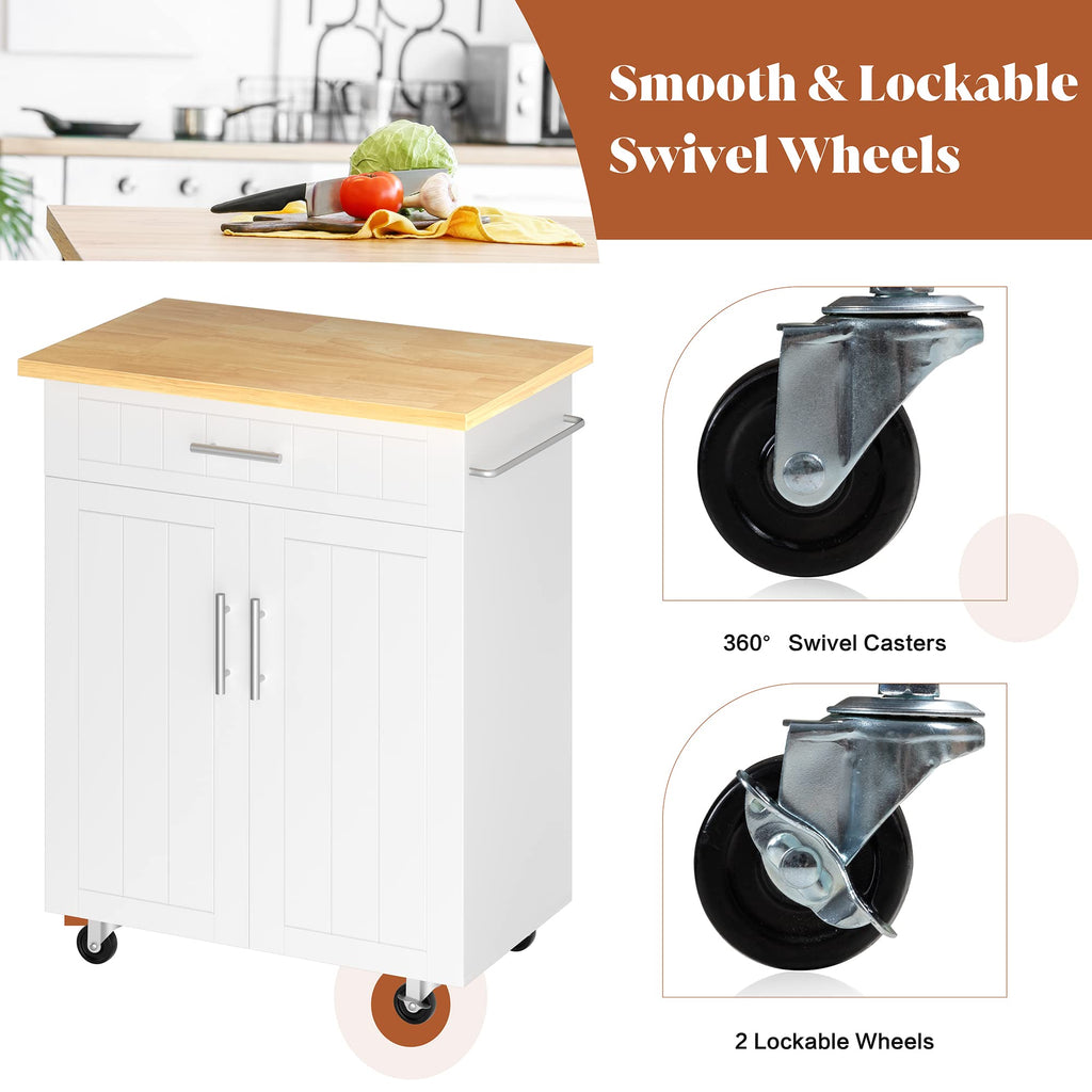 26" Rolling Kitchen Island Cart with Drawer, Shelves, Towel Rack, Lockable Casters, White I84109