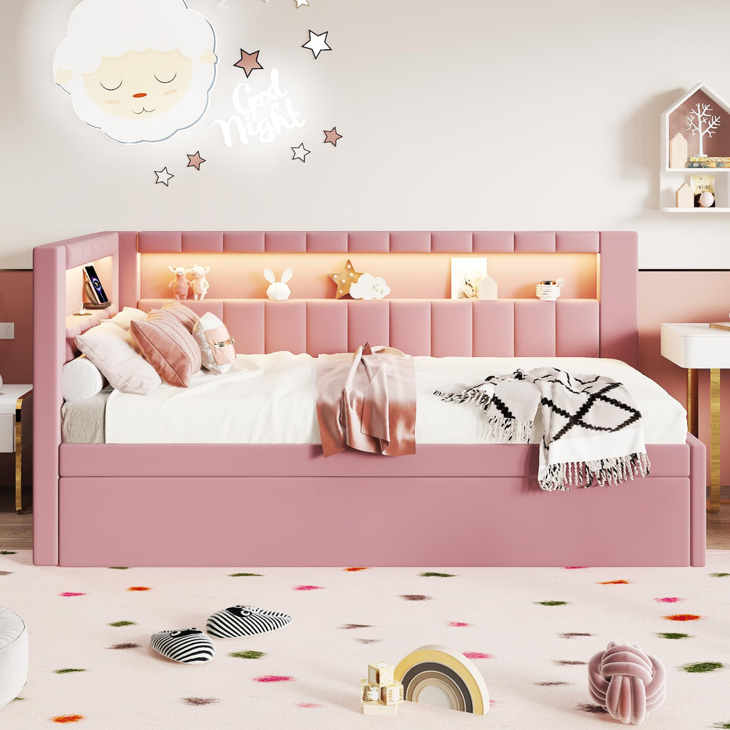 Twin Size Upholstered Platform Bed with Trundle and USB Ports, Pink X84327