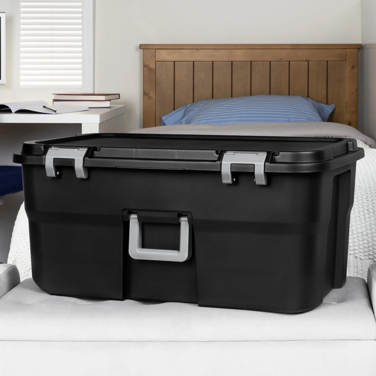 22 Gallon Black Wheeled Plastic Storage Trunk with Latching Lid L403