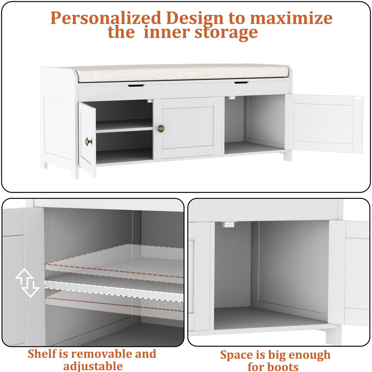 White Lift Top Storage Shoe Bench with Cushioned Seat H3296