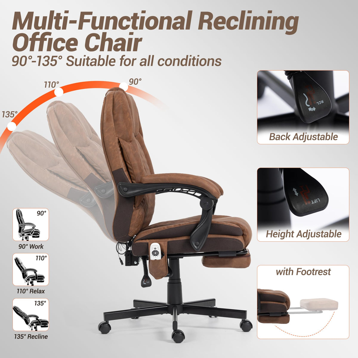Brown Heated Massage Office Chair with Footrest U70624