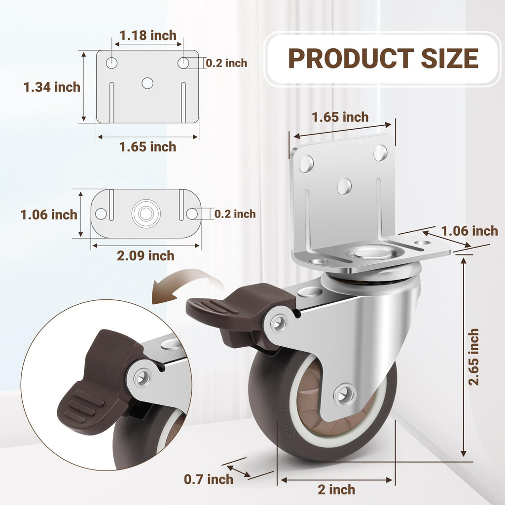 2 Inch L-Shaped Rubber Casters Set of 4 with Brakes O854