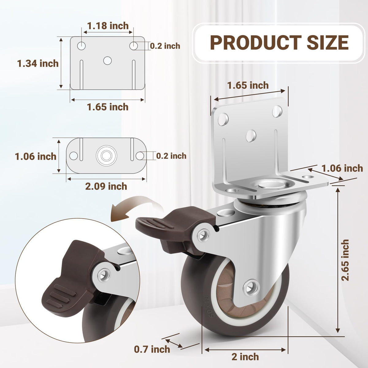 2 Inch L-Shaped Rubber Casters Set of 4 with Brakes O854