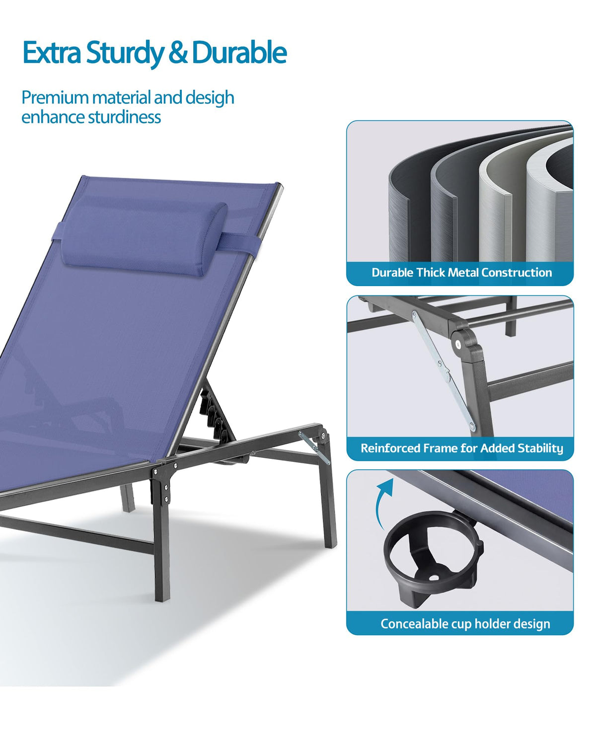 2 Pack Blue Foldable Chaise Lounge Chair with Cup Holder and Pillow G3405