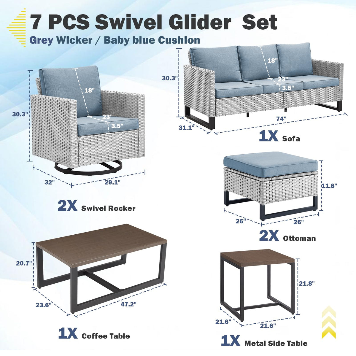 7 Piece Wicker Patio Sofa Set with Swivel Rocker Chairs and Ottomans E92374