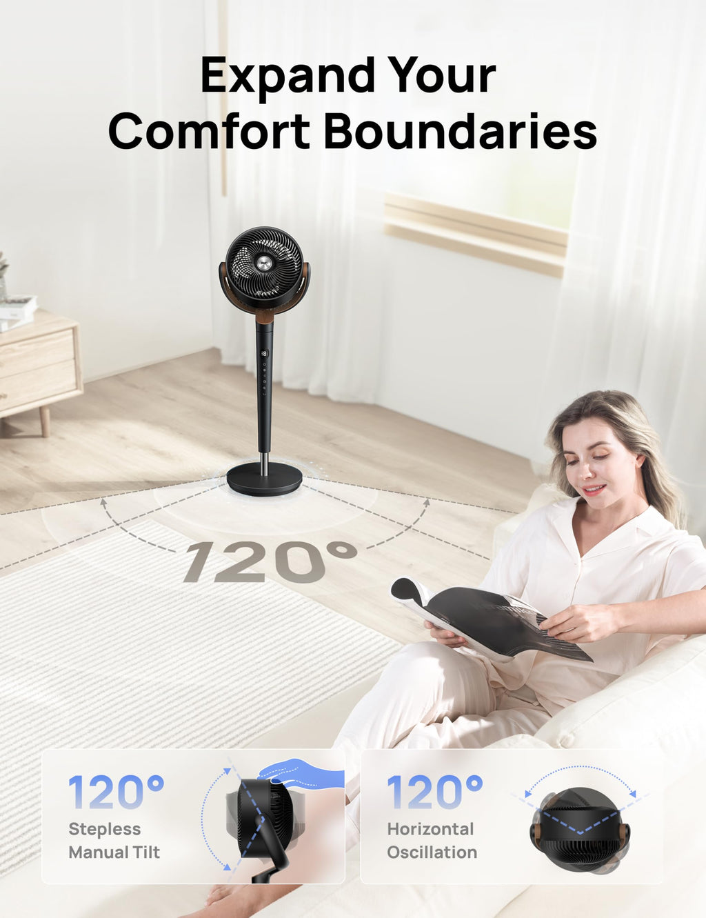 120° Oscillating Standing Fan, Quiet Floor Fan with DC Motor, 9 Speeds, 4 modes, 37-42" Adjustable Height, 9H Timer, Dark Gray S67199