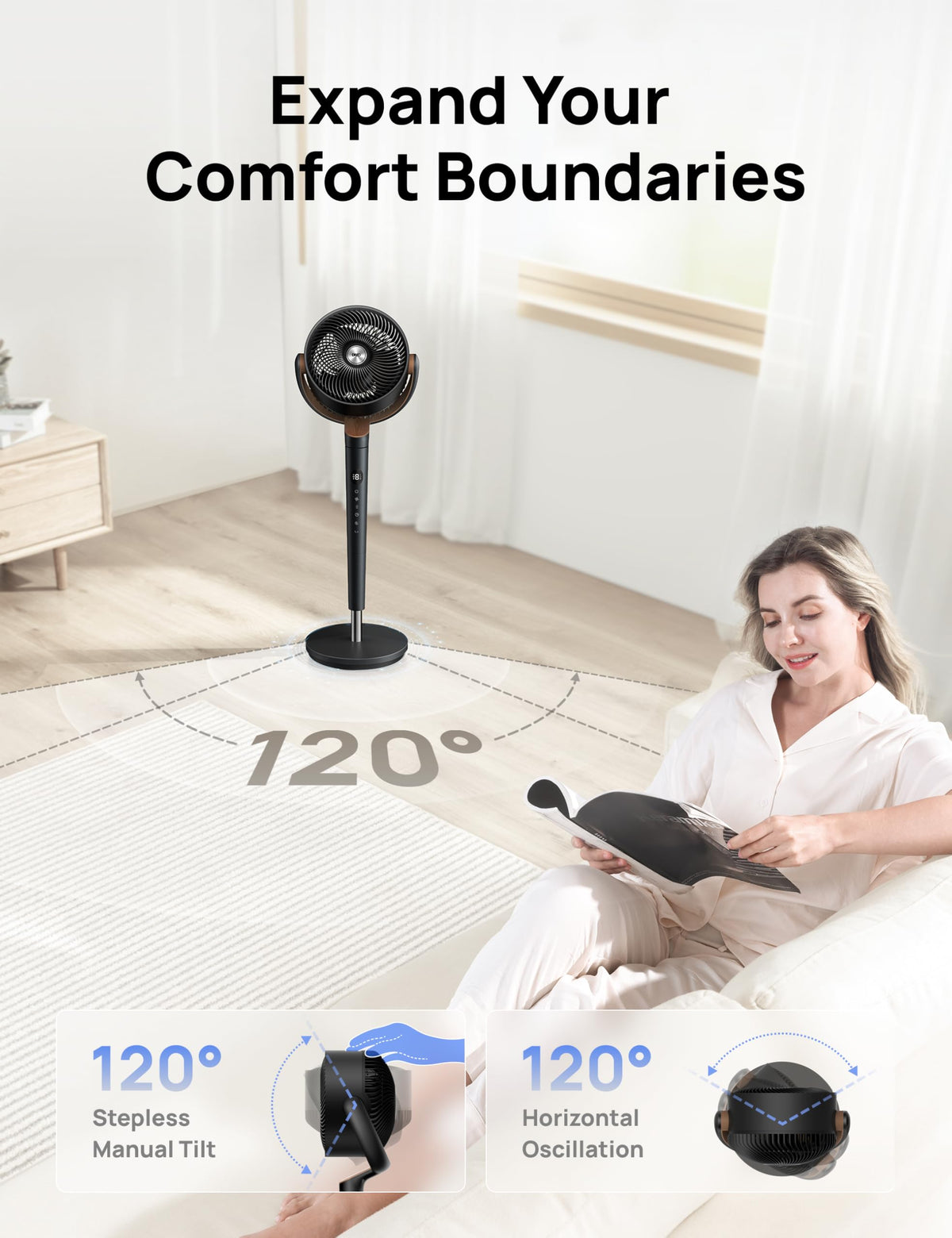 120° Oscillating Standing Fan, Quiet Floor Fan with DC Motor, 9 Speeds, 4 modes, 37-42" Adjustable Height, 9H Timer, Dark Gray S67199